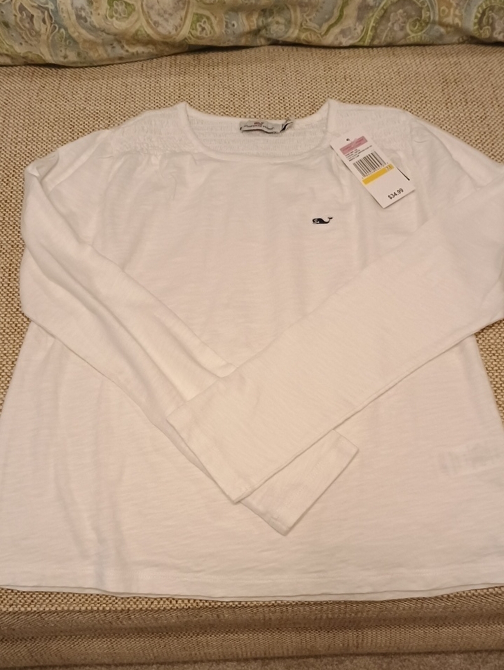 Vineyard Vines White Long Sleeve Shirt with Navy Whale Emblem